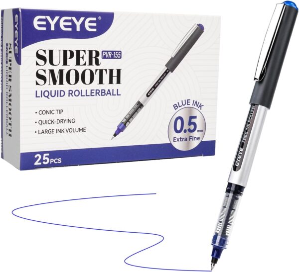 (25 Pcs) EYEYE Blue Pens 0.5mm Liquid Ink Rollerball Pen, Extra Fine Point Quick Dry