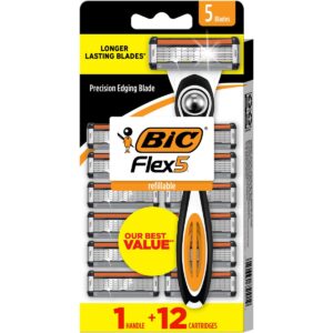 BIC Flex 5 Blade Refillable Razors for Men, 1 Handle and 12 Cartridges, 13 Piece Shaving Kit