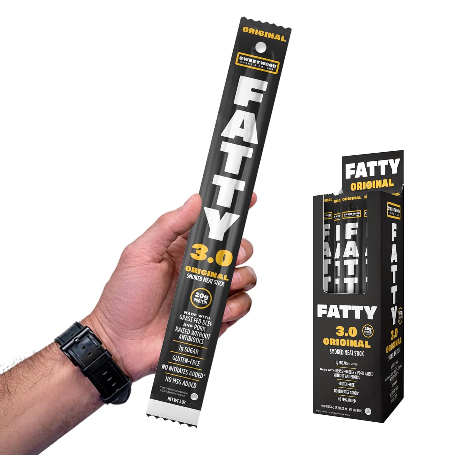 FATTY Grass-Fed Beef Smoked Meat Sticks, Original Flavor, 20g Protein Per Stick, 3 oz. (Pack of 20)