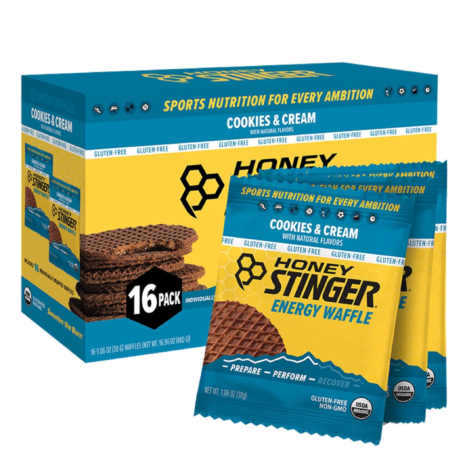 16 Waffles, 16.96 Ounce Honey Stinger Organic Gluten Free Cookies & Cream Waffle