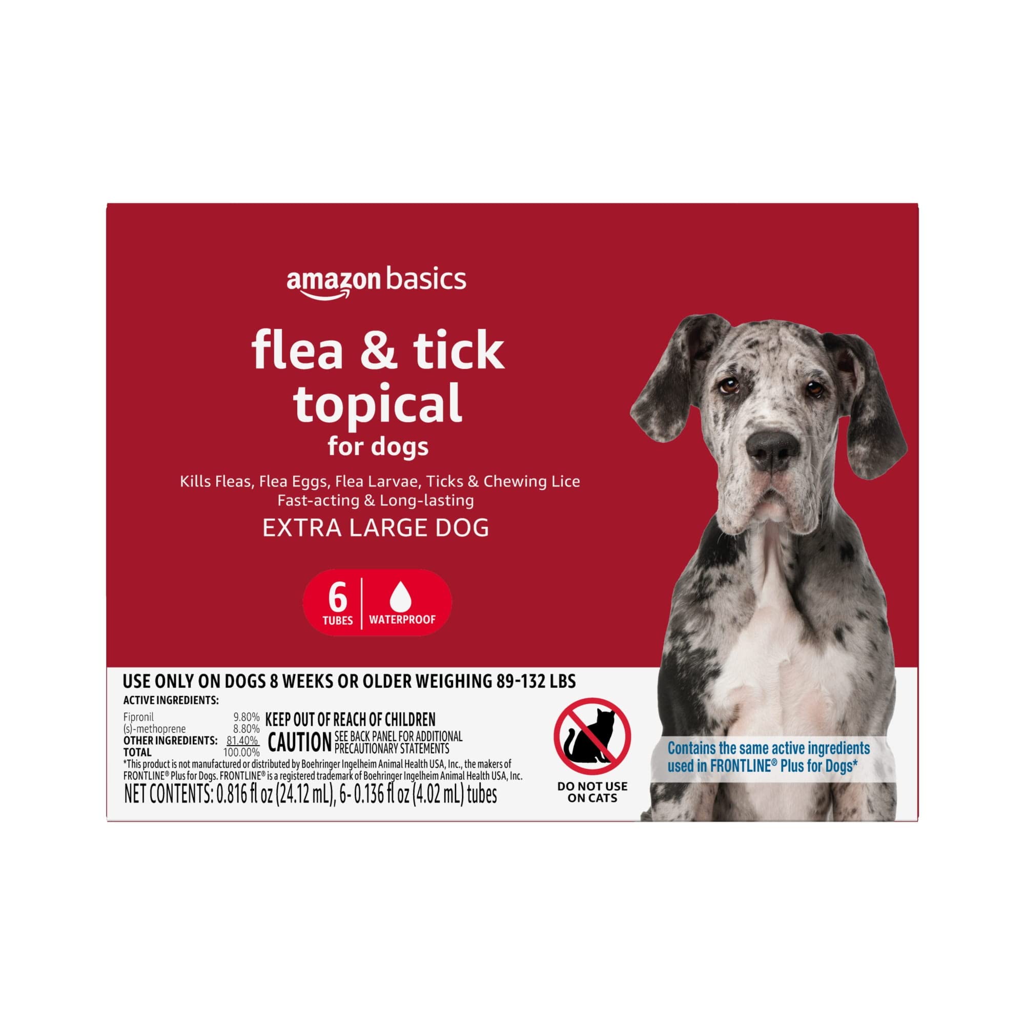 Amazon Brand – Solimo for Dogs XLarge Dog (89-132 pounds) Flea and Tick Treatment, 6 Doses