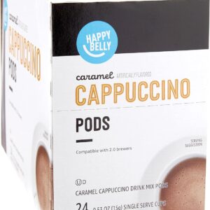 24 Count, 12.72 ounce (Pack of 1) Amazon Brand Happy Belly Cappuccino Coffee Pods Compatible With K Cup Brewers, Light Roast, Caramel Flavored
