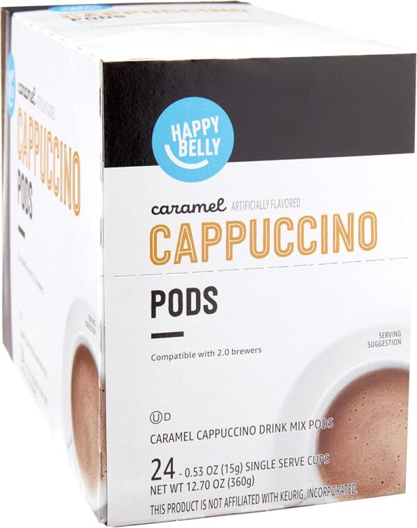 24 Count, 12.72 ounce (Pack of 1) Amazon Brand Happy Belly Cappuccino Coffee Pods Compatible With K Cup Brewers, Light Roast, Caramel Flavored