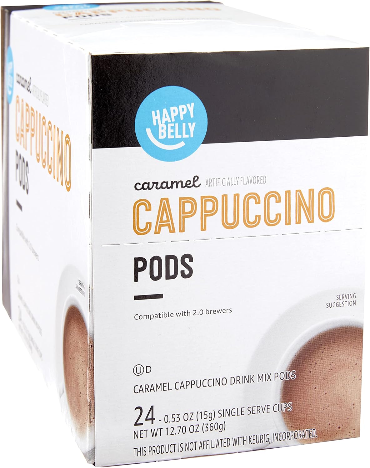 24 Count, 12.72 ounce (Pack of 1) Amazon Brand Happy Belly Cappuccino Coffee Pods Compatible With K Cup Brewers, Light Roast, Caramel Flavored