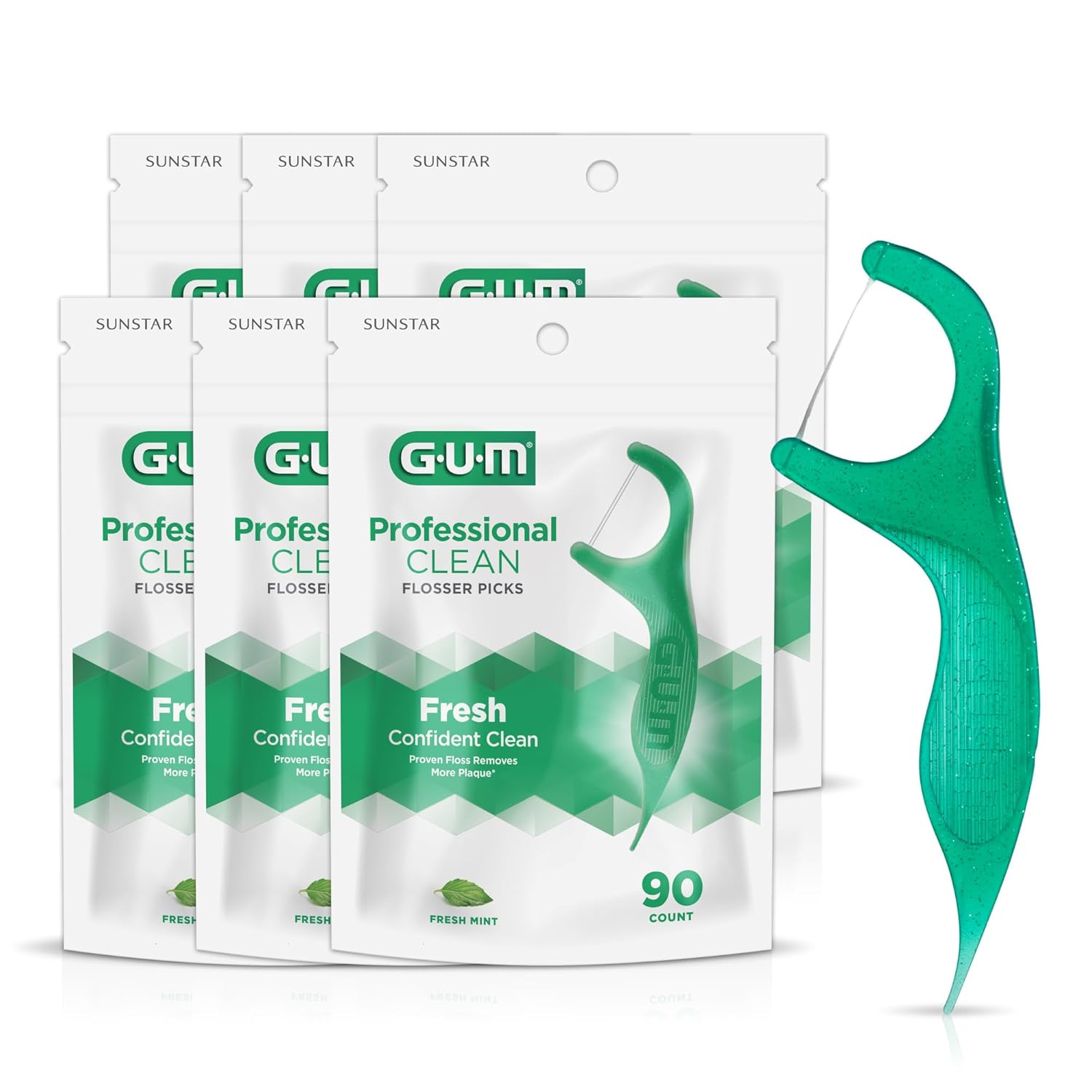 GUM Professional Clean Floss Picks , Fresh Mint Flavor, 90 Count (Pack of 6)