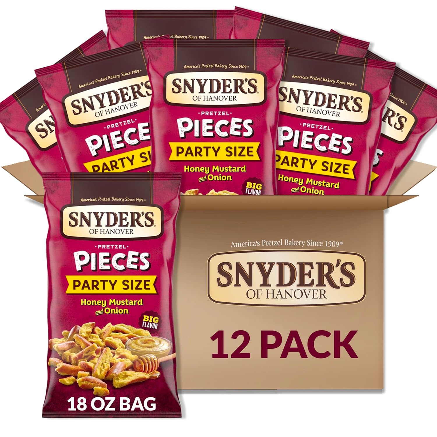 Snyder’s of Hanover Pretzel Pieces, Honey Mustard and Onion, Party Size 18 Oz (Pack of 12)