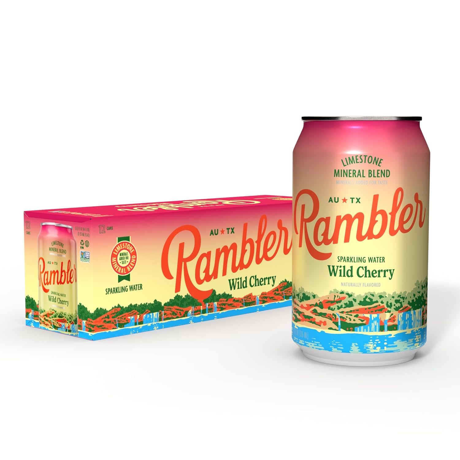 12-Pack,12-Ounce Cans, AUTX RAMBLER Sparkling Water, Texas Limestone Mineral Blend, Wild Cherry Flavor