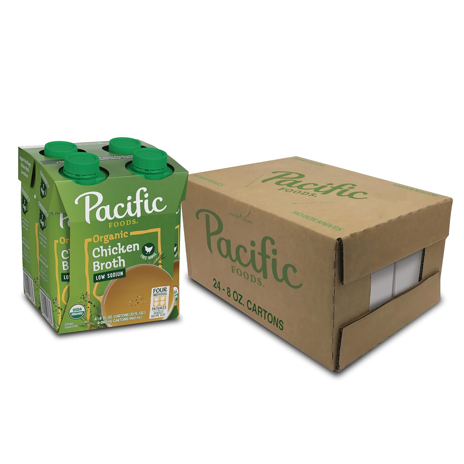 Pacific Foods Low Sodium Organic Free-Range Chicken Broth, 8 oz Carton (4 Pack) (Case of 6)