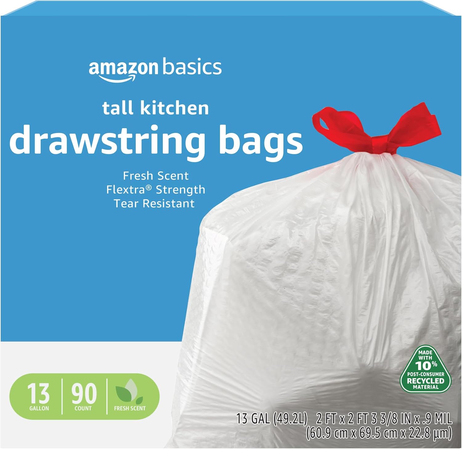 90 Count Amazon Basics 13 Gallon Flextra Strength Tall Kitchen Drawstring Trash Bags