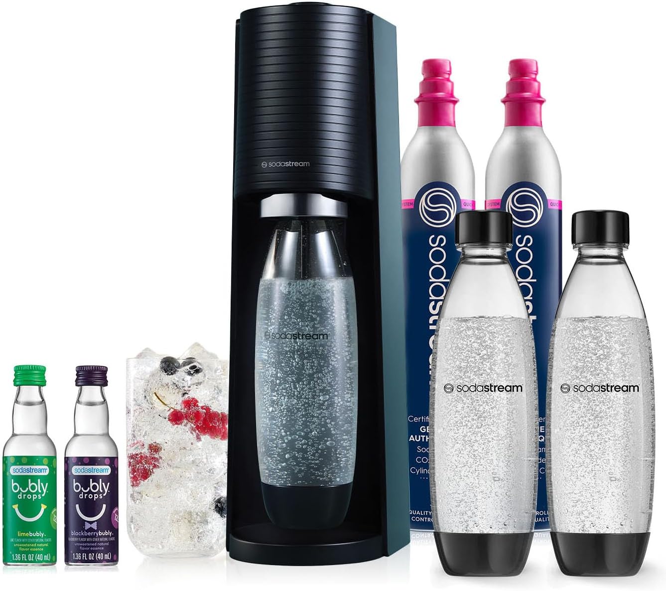 SodaStream Terra Sparkling Water Maker Bundle (Black), with CO2, DWS Bottles, and Bubly Drops Flavors