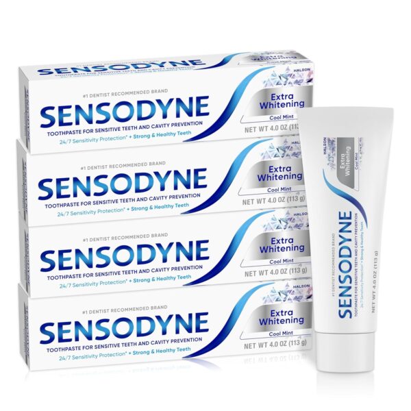 4 Ounces (Pack of 4) Sensodyne Extra Whitening Sensitive Teeth and Cavity Prevention Whitening Toothpaste, Cool Mint