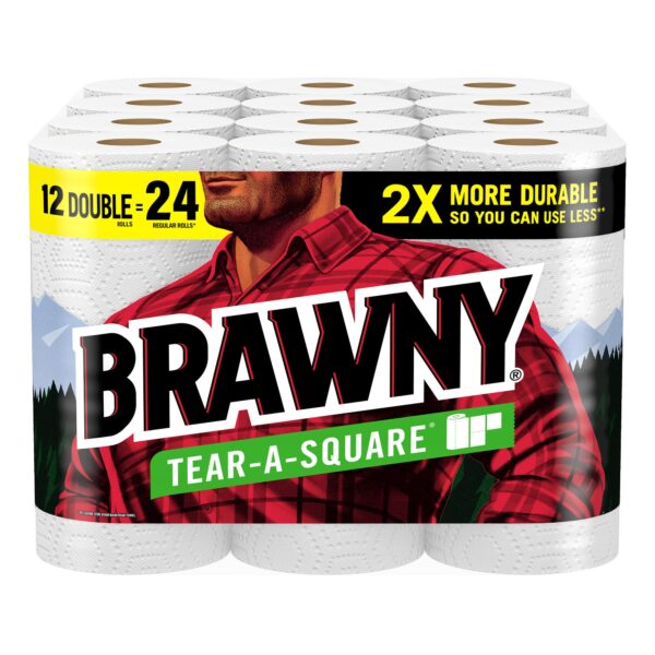 100 sheet (Pack of 12) Brawny Tear-A-Square Paper Towels, 12 Double Rolls = 24 Regular Rolls
