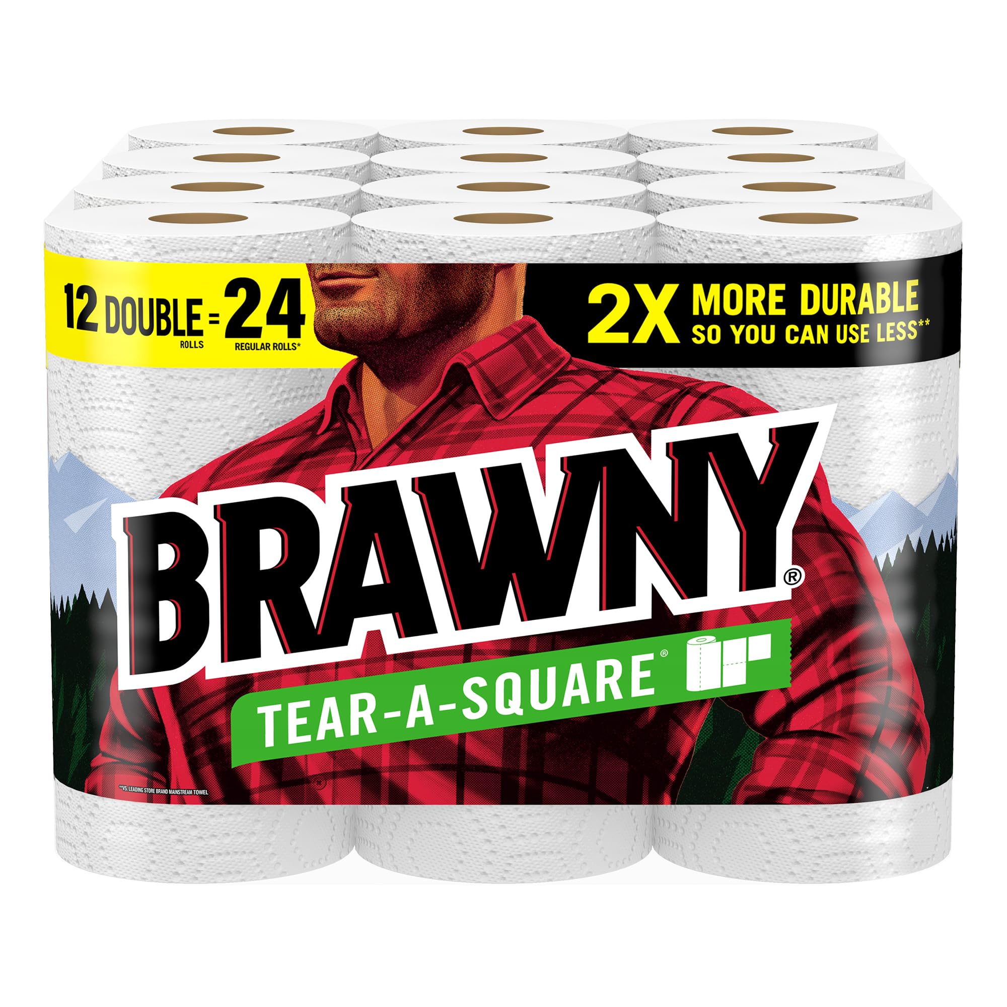100 sheet (Pack of 12) Brawny Tear-A-Square Paper Towels, 12 Double Rolls = 24 Regular Rolls