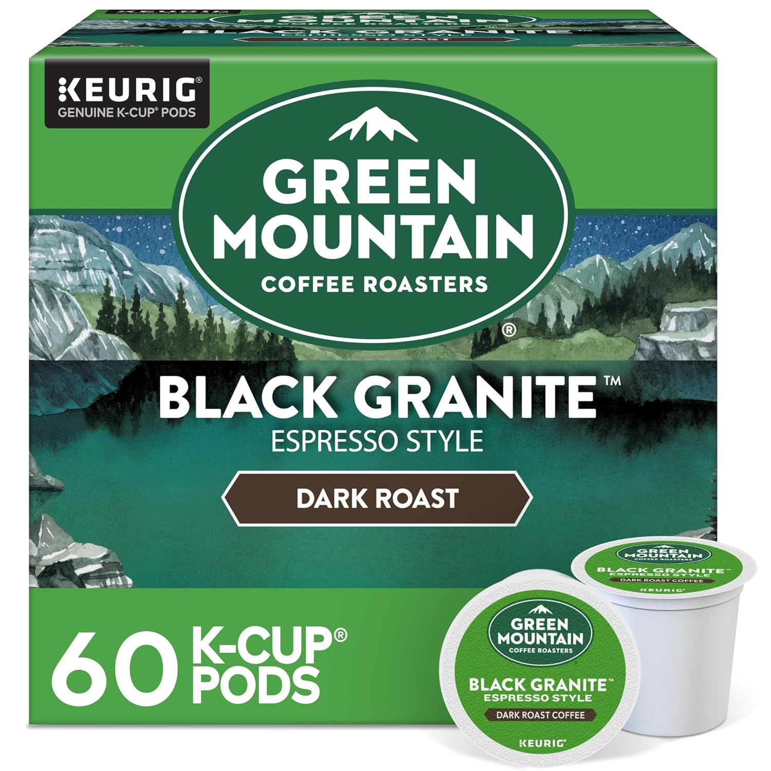 60 Count Green Mountain Coffee Roasters Black Granite, Keurig Single Serve K-Cup Pods, Espresso Style Dark Roast