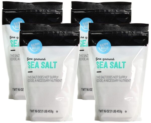 Amazon Brand Happy Belly Sea Salt, Fine Ground, 1 pound (Pack of 4)