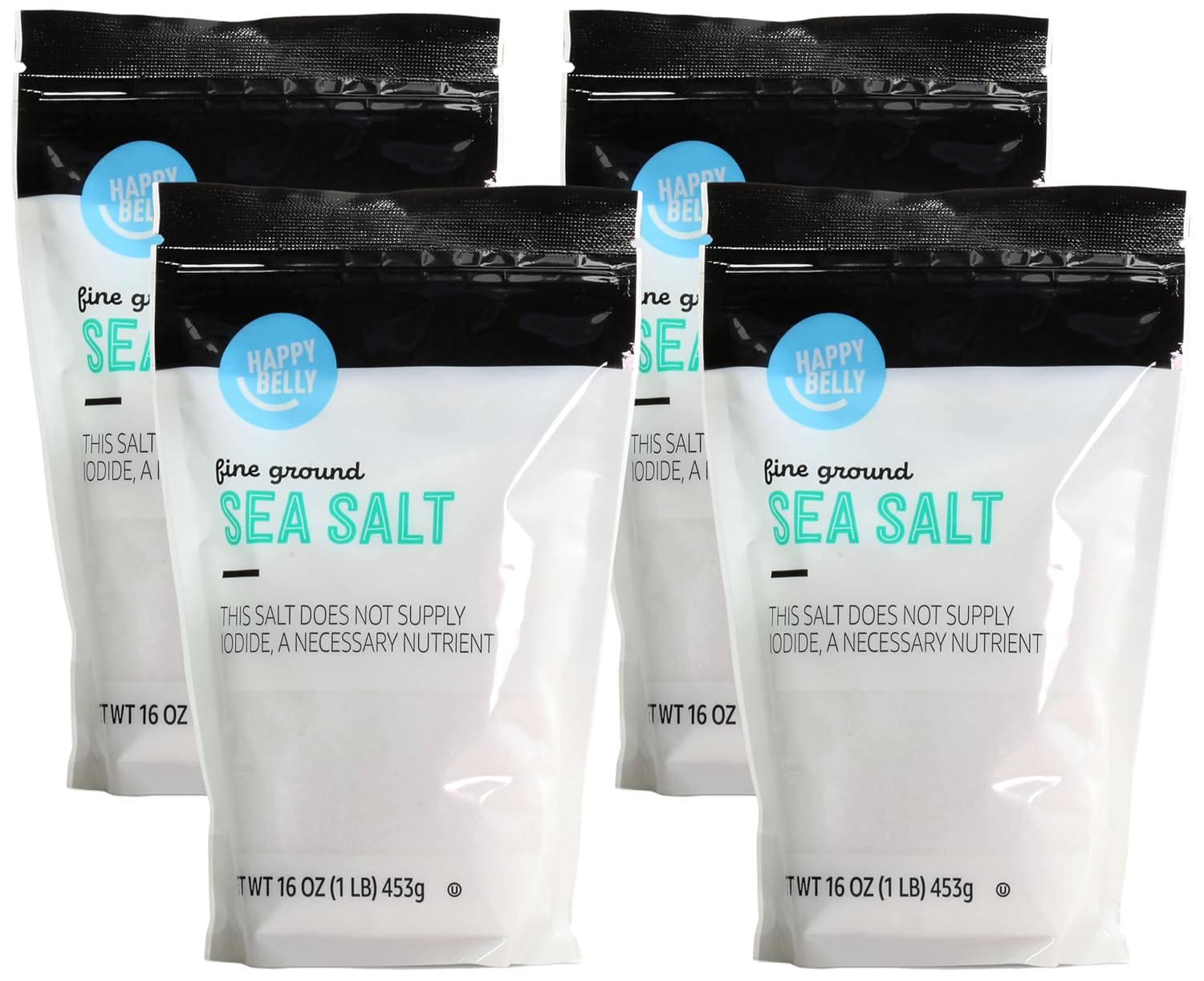 Amazon Brand Happy Belly Sea Salt, Fine Ground, 1 pound (Pack of 4)