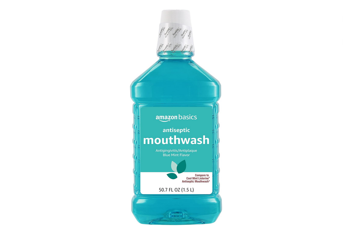 1.5 Liters, 50.7 Fl Oz Amazon Basics Fresh Breath Mouthwash, Blue Mint Antiseptic [Prime]