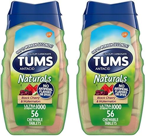 (Pack of 2) 56 count TUMS Naturals Ultra Strength Antacid Chews for Heartburn Relief, Black Cherry & Watermelon