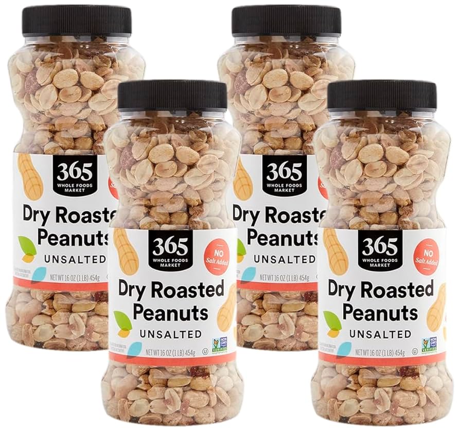 (Pack of 4) 16 Ounce 365 by Whole Foods Market Dry Roasted and Unsalted Peanuts
