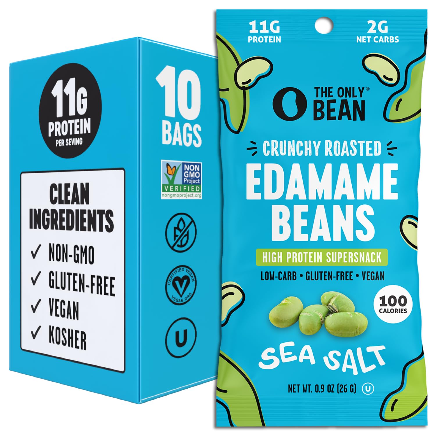 The Only Bean Crunchy Roasted Edamame Snacks, Sea Salt, 0.9oz (10 Pack) [w/S&S]