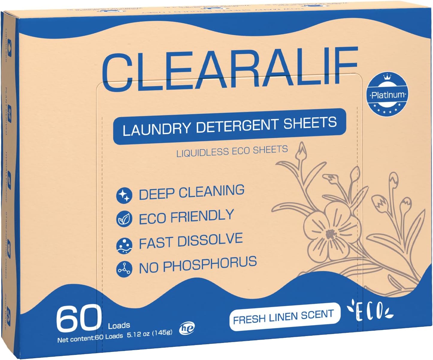 CROS 60 Loads Laundry Detergent Sheets Linen Scent, Eco Friendly