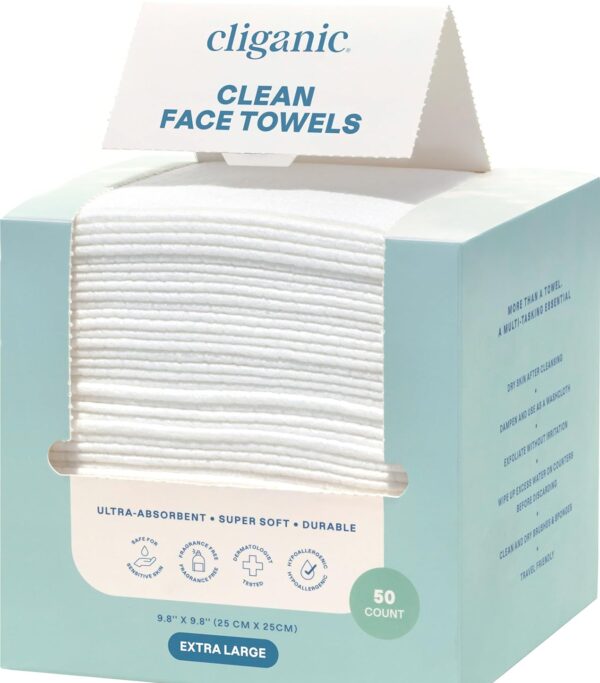50-Count Cliganic Clean Face Towels X, Disposable, Ultra-Absorbent, for All Skin Types [w/S&S]