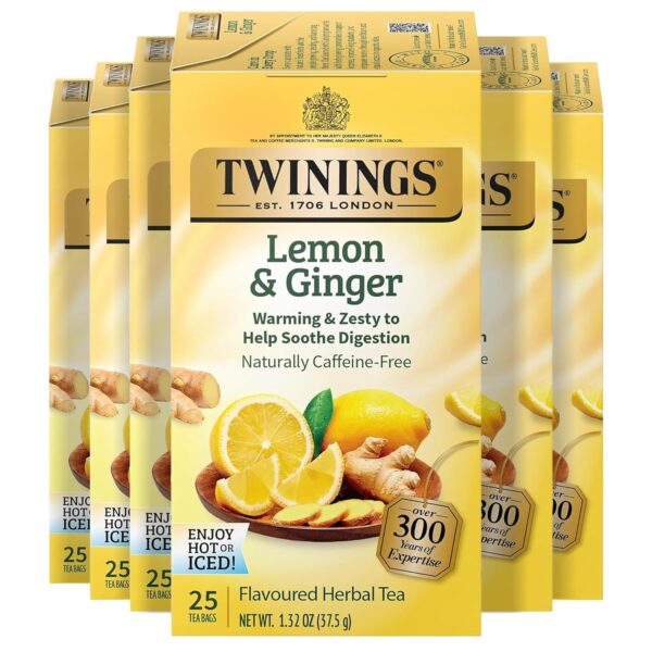 (Pack of 6) 25-count Twinings Lemon & Ginger Herbal Tea Individually Wrapped Bags