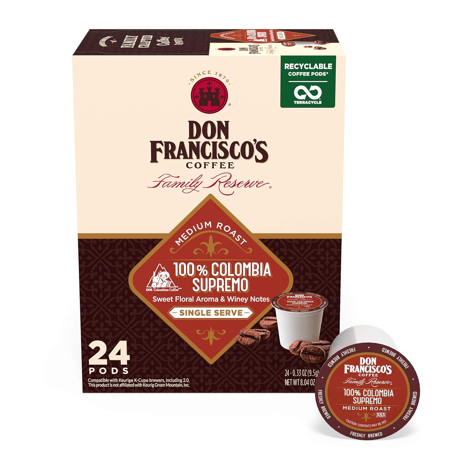 Don Francisco’s Colombia Coffee, 24 K-Cup Compatible Single-Serve Pods, Colombia Supremo flavour