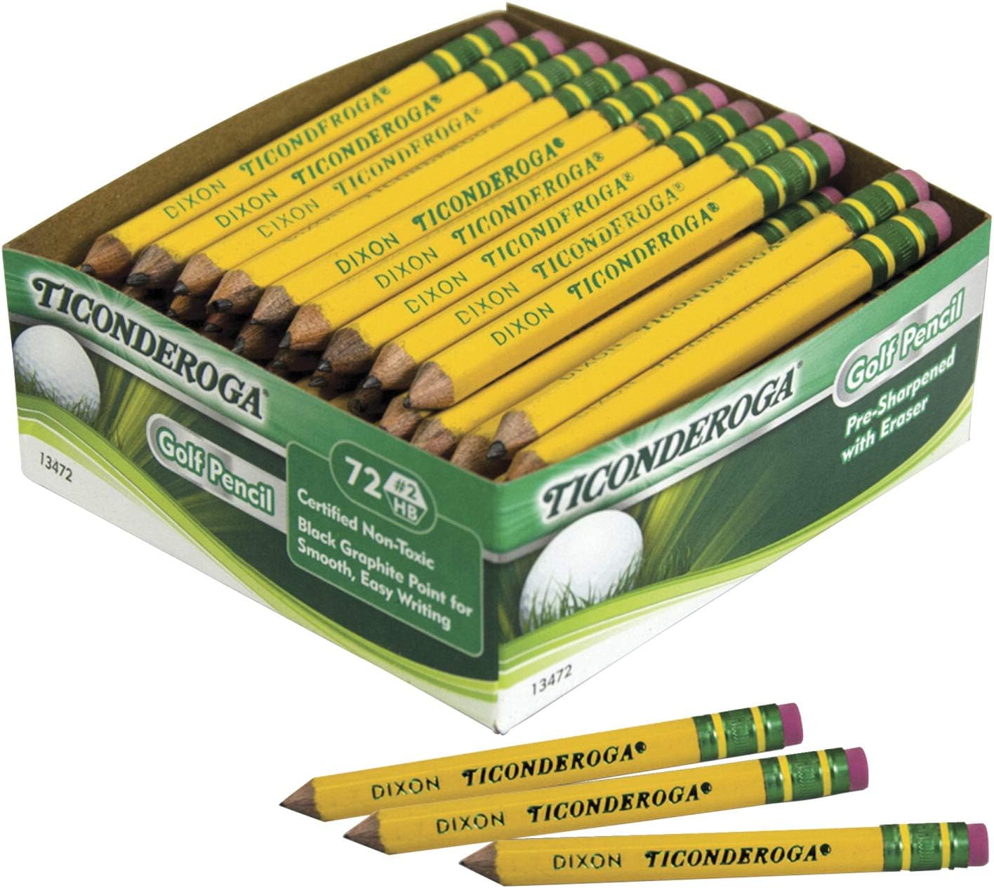 Pack Of 72 Ticonderoga Golf Pencils With Erasers, #2 HB Lead, Yellow