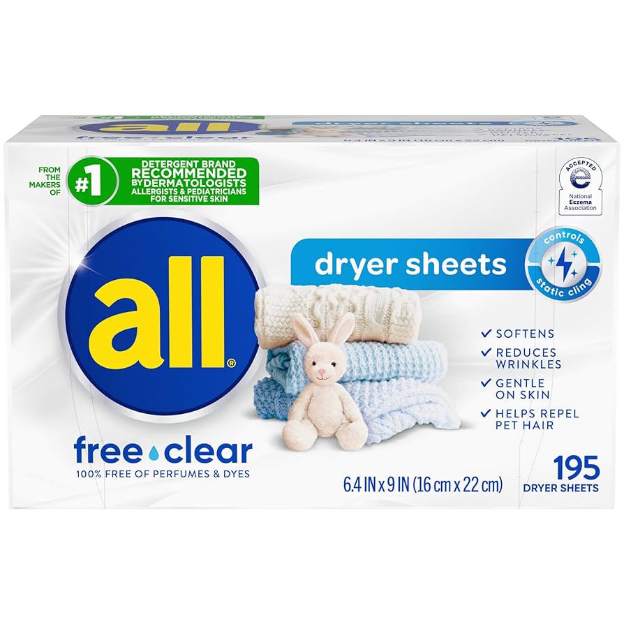195-Count all Fabric Softener Dryer Sheets for Sensitive Skin, Free Clear [w/S&S]