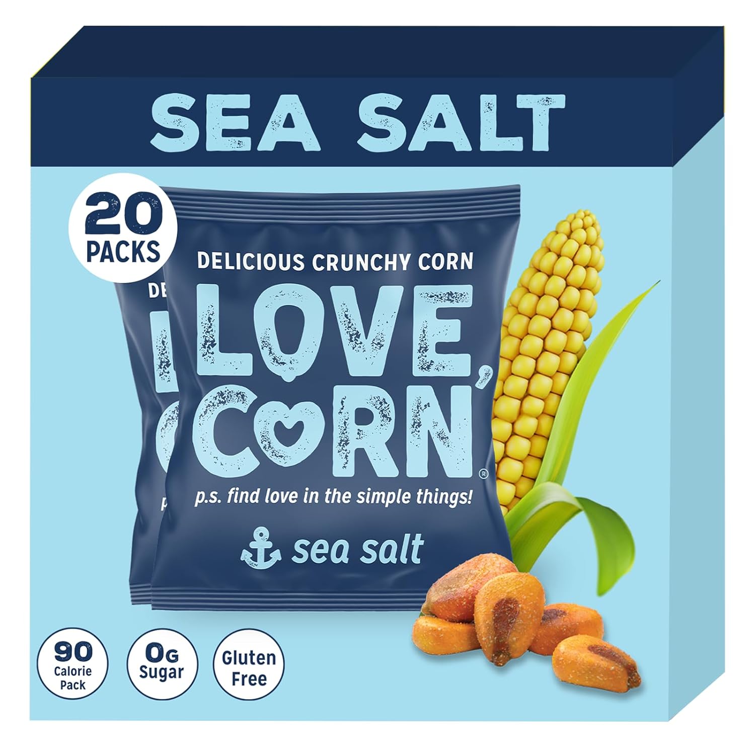 0.7oz, 20 Bags LOVE CORN Sea Salt Delicious Crunchy Corn Snacks [w/S&S]