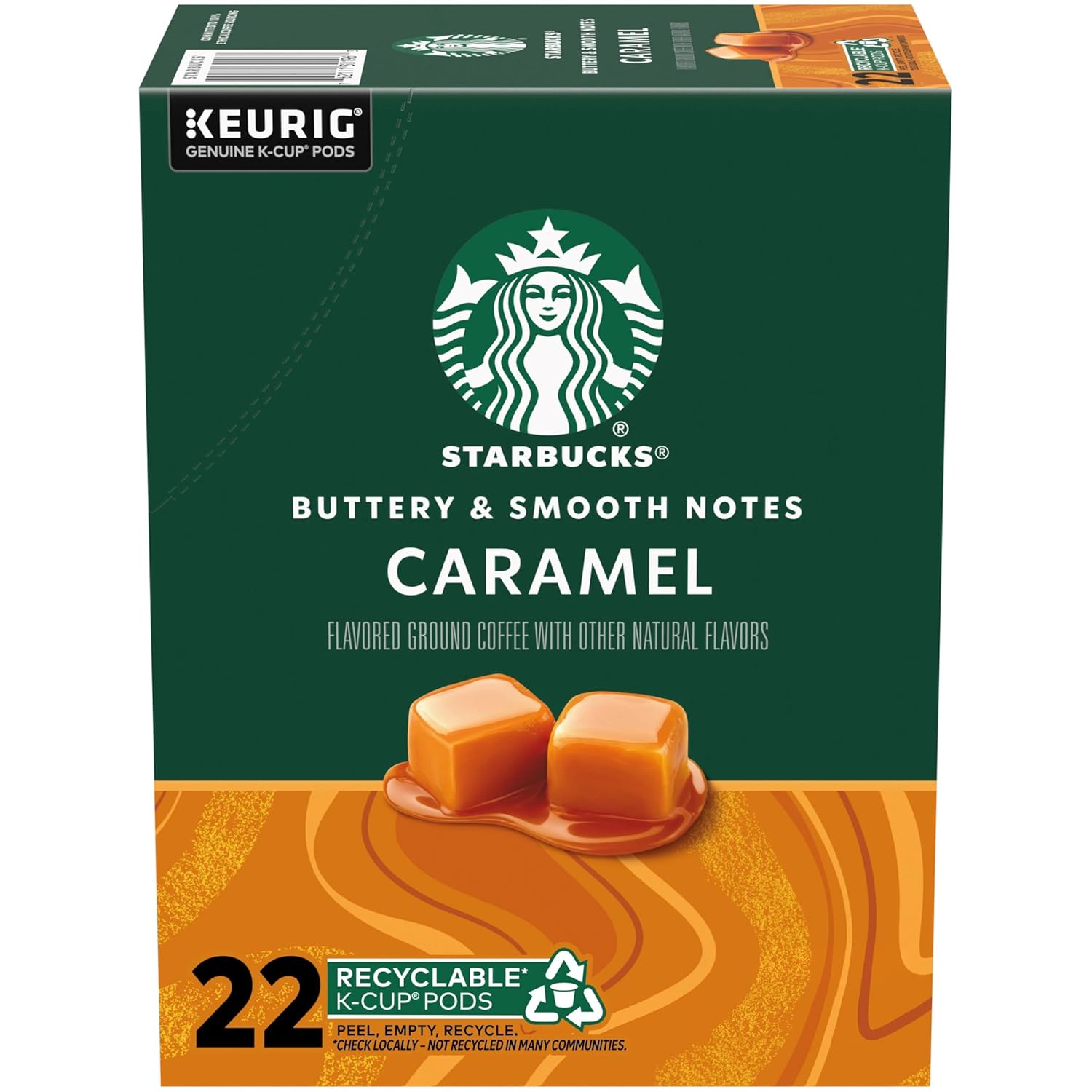 1 Box (22 Pods) Starbucks K-Cup Coffee Pods, Caramel Naturally Flavored