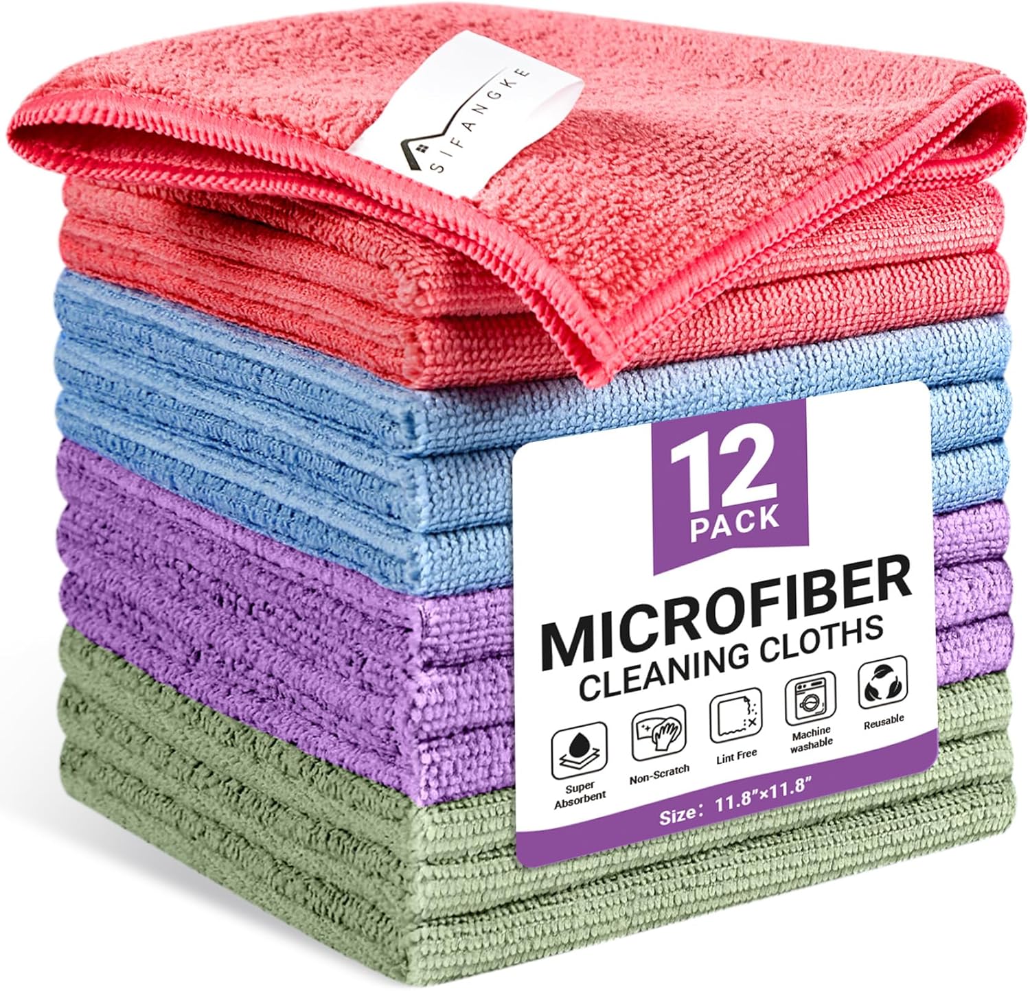 12 Pack Assorted Color Microfiber Cleaning Cloth, 11.8″X11.8″ [Prime Members Only]