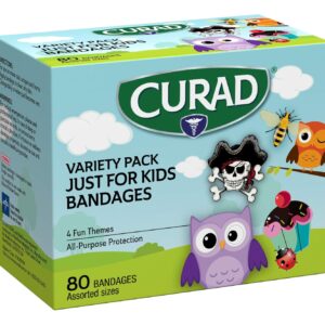 80-Count Curad Just for Kids Bandages, 4 Fun Themes, All-Purpose Protection Plastic Bandages, Variety of Sizes