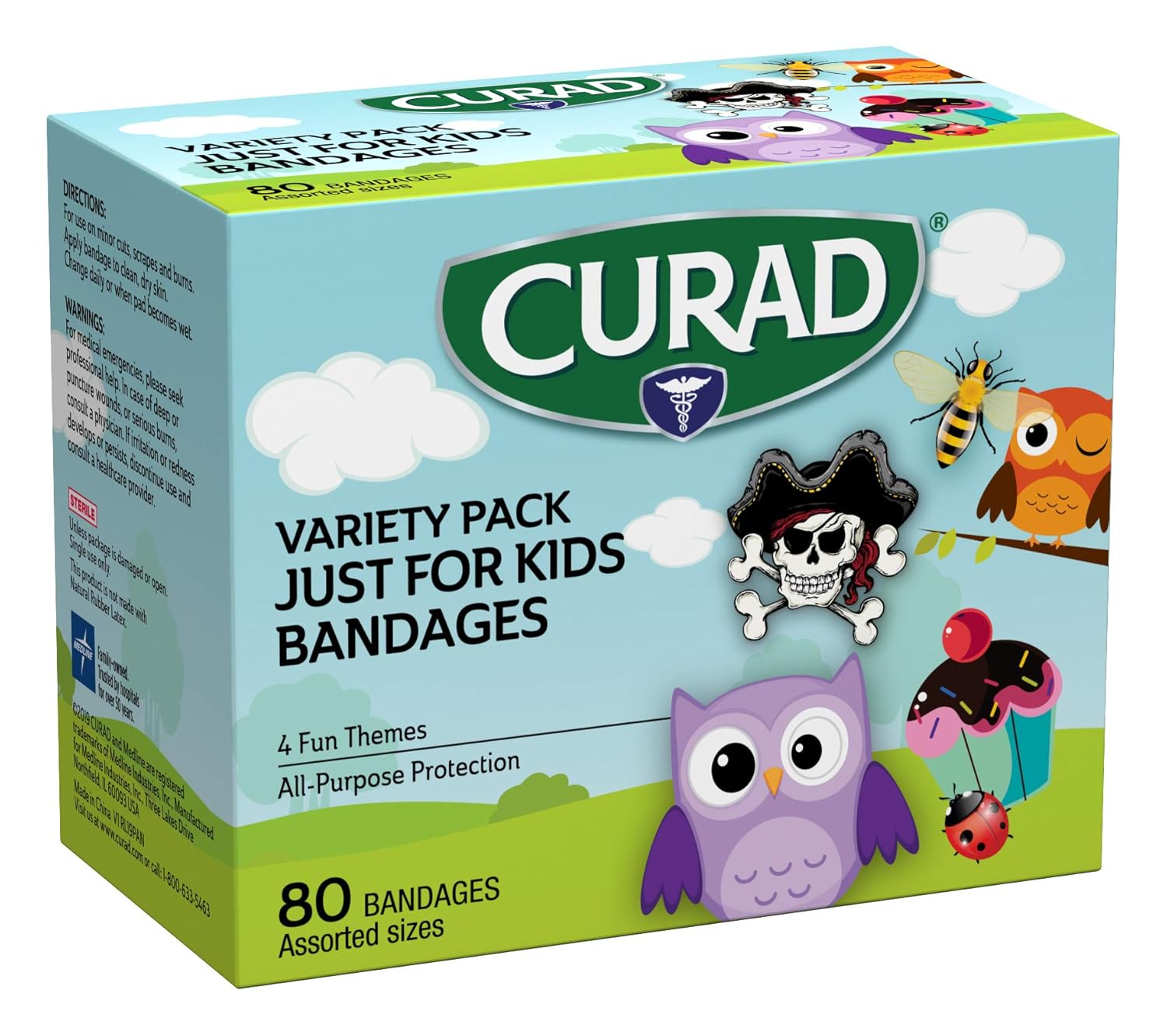 80-Count Curad Just for Kids Bandages, 4 Fun Themes, All-Purpose Protection Plastic Bandages, Variety of Sizes