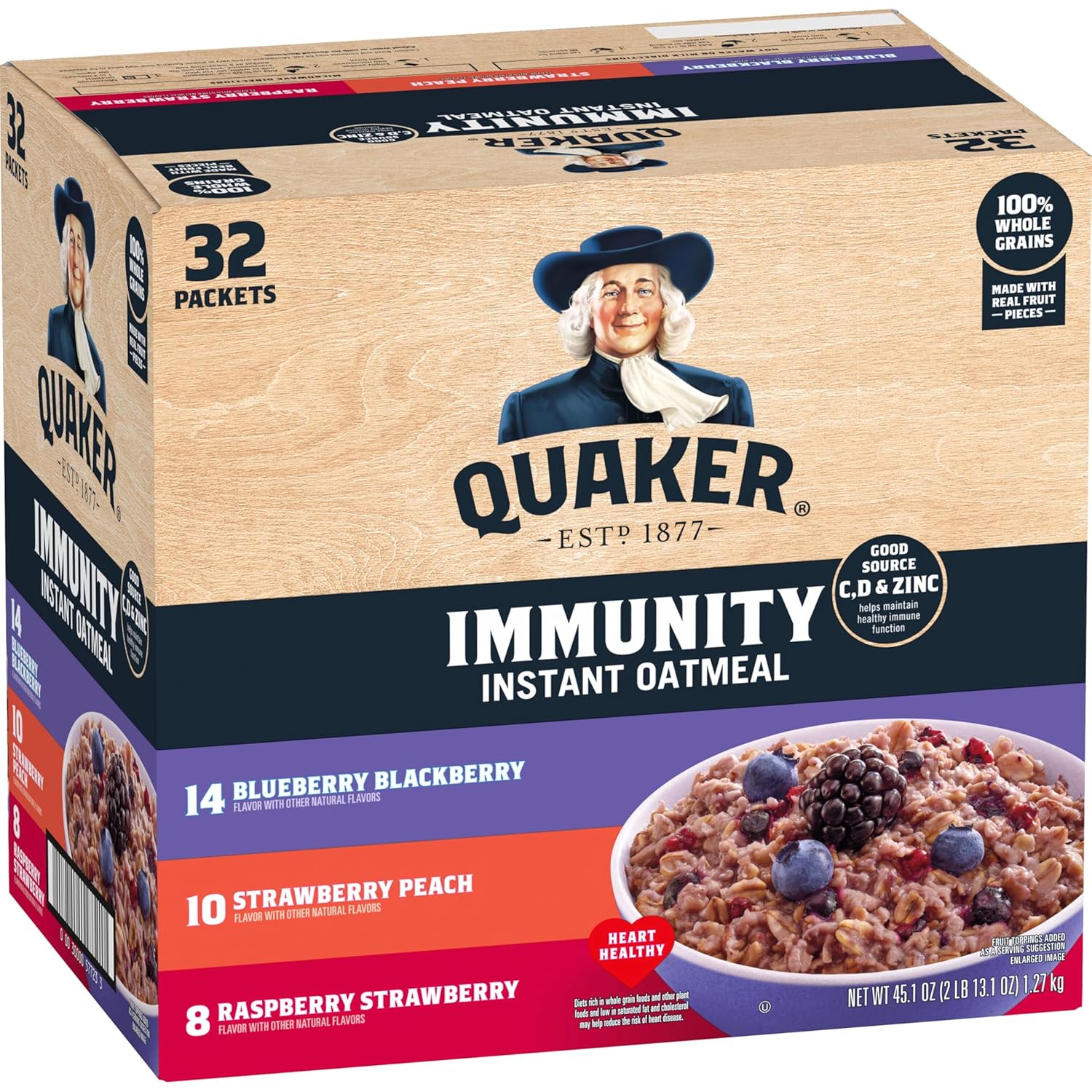 1.41 oz Packets, (32 Pack) Quaker Immunity Instant Oatmeal, 3 Flavor Variety Pack [w/S&S]