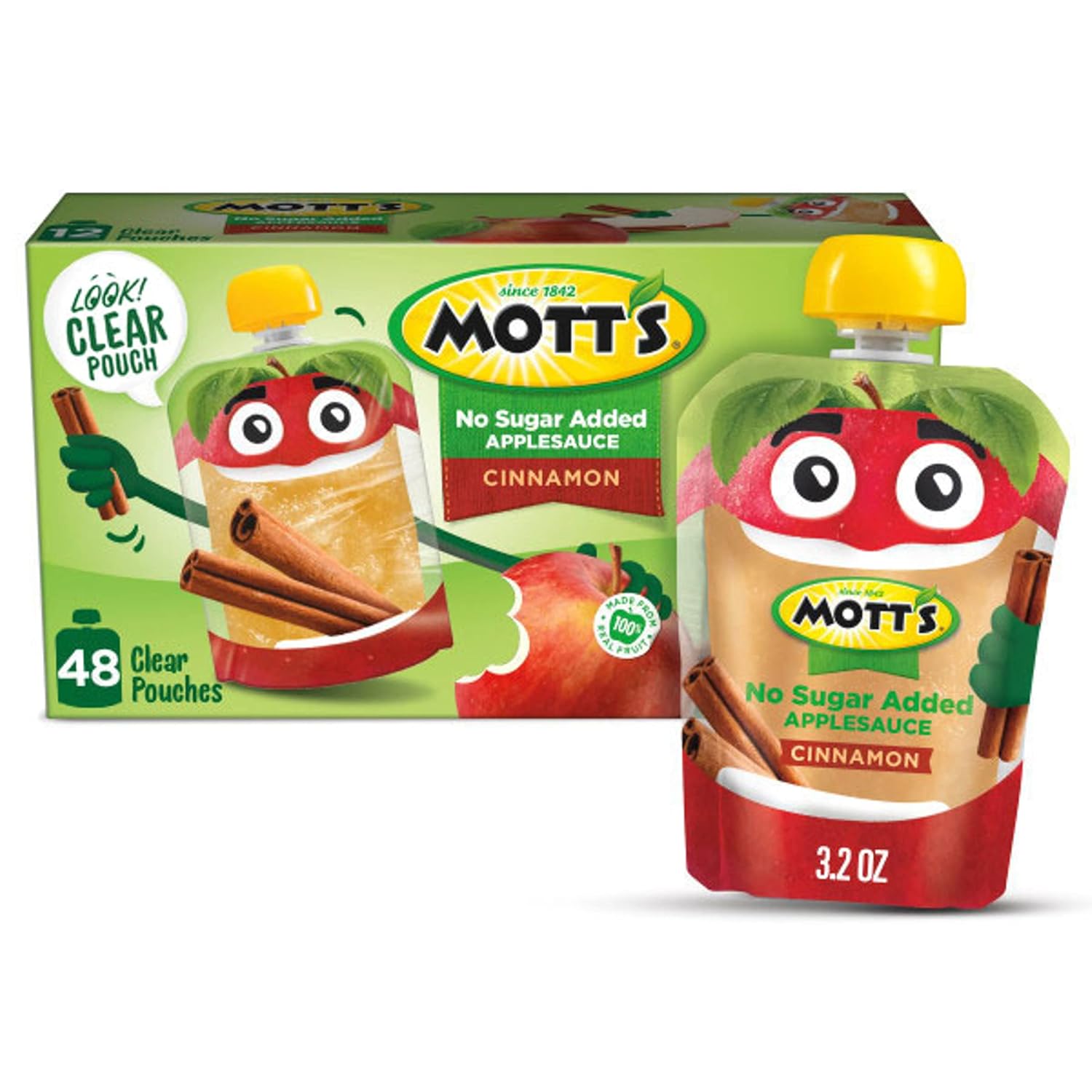 (Total 48 Count) 3.2 Oz Clear Pouches Mott’s No Sugar Added Cinnamon Applesauce