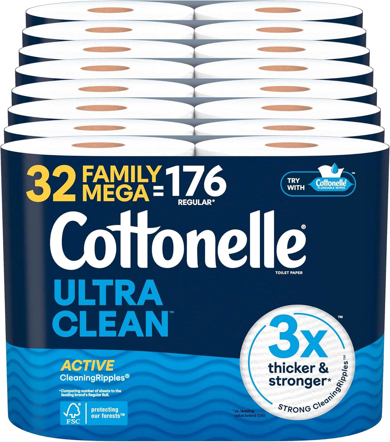 Cottonelle Ultra Clean Toilet Paper with Active CleaningRipples Texture, 32 Family Mega Rolls = 176 Regular Rolls [Prime members only]