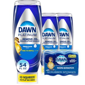 3×18oz Dawn Platinum EZ-Squeeze Dish Soap (Fresh Rain) + 2 Non-Scratch Sponges[w/S&S]