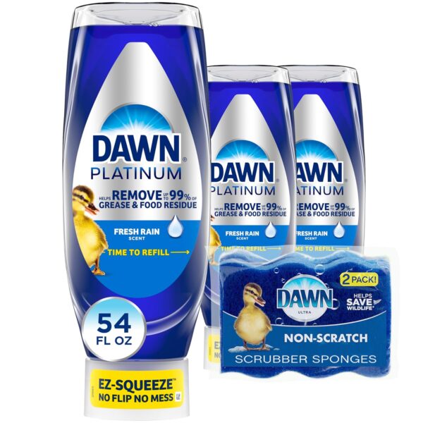 3×18oz Dawn Platinum EZ-Squeeze Dish Soap (Fresh Rain) + 2 Non-Scratch Sponges[w/S&S]