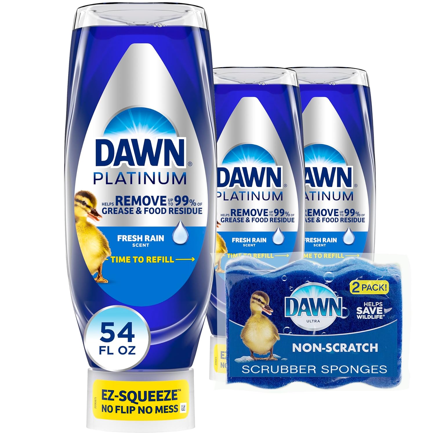 3×18oz Dawn Platinum EZ-Squeeze Dish Soap (Fresh Rain) + 2 Non-Scratch Sponges[w/S&S]