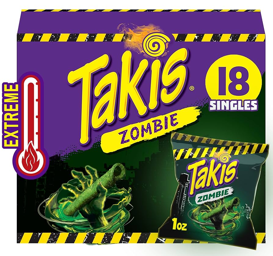 (18-count) 1 oz Takis Zombie, Habanero & Cucumber Flavored Extreme Spicy Rolled Tortilla Chips