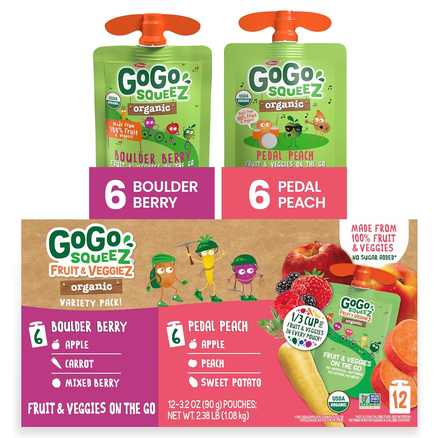3.2 oz (Pack of 12) GoGo squeeZ Organic Fruit & veggieZ Applesauce and Puree Variety Pack, Pedal Peach and Boulder Berry
