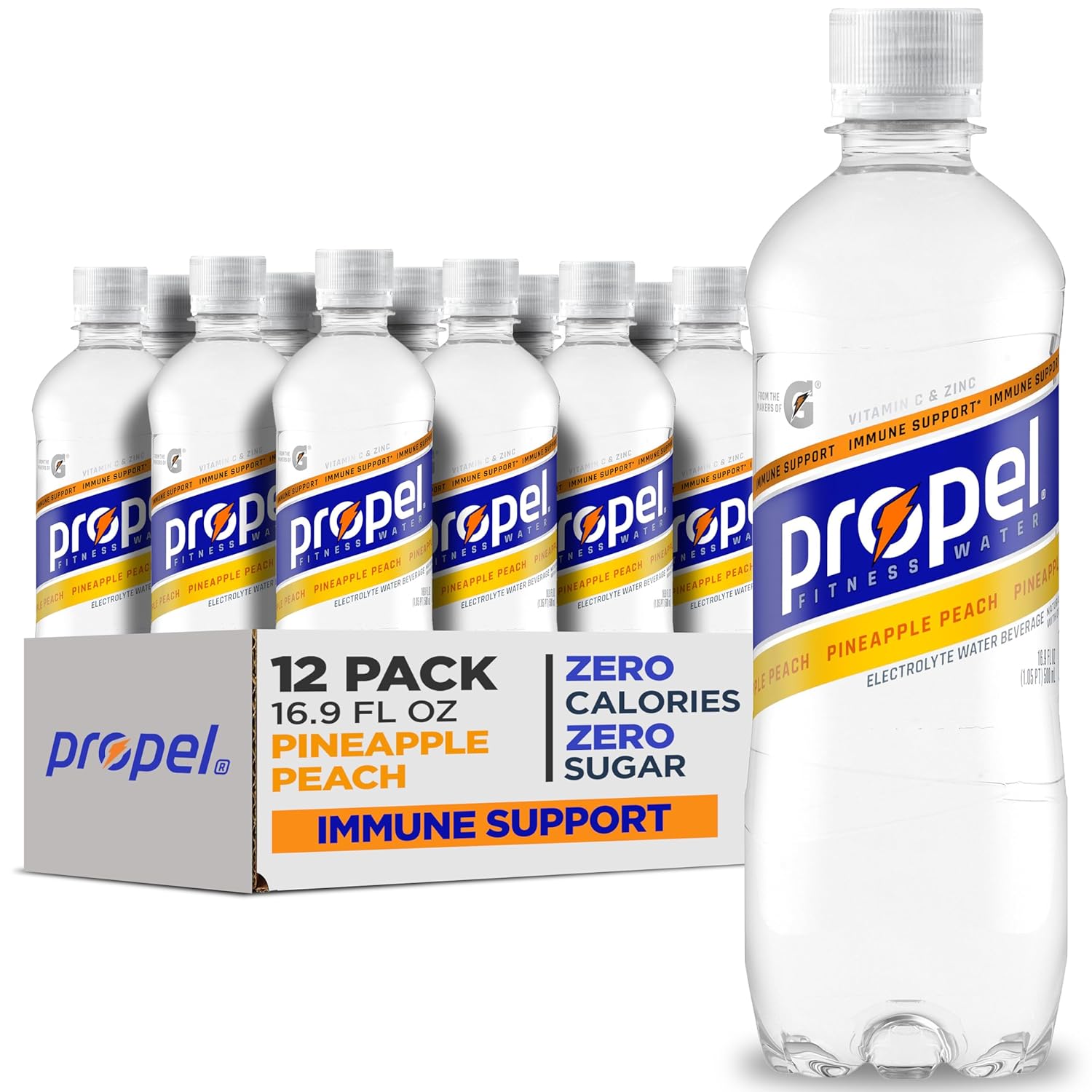 (12 Pack) 16.9 fl oz Propel Immune Support Electrolyte Enhanced Water Sports Drink, Pineapple Peach Flavored Water