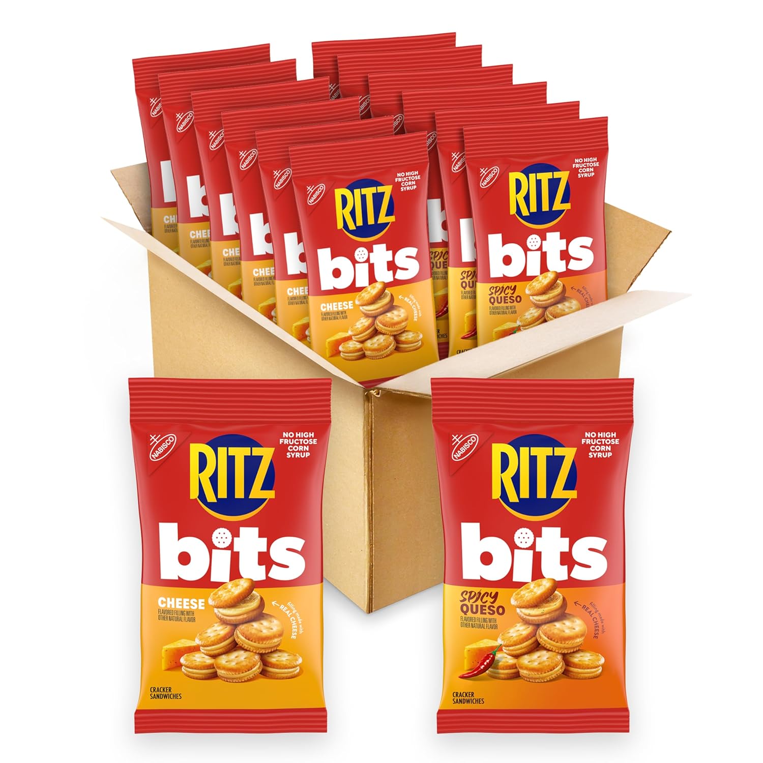 12 Pack-3 oz Bags RITZ Bits Cheese and Spicy Queso Cheese Sandwich Crackers Variety Pack [w/S&S]